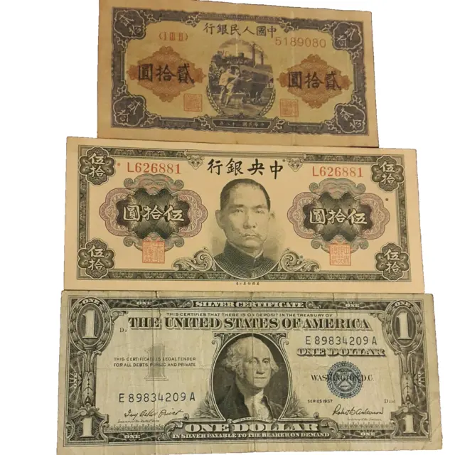 3 notes are a random 1957 $1 Silver Certificate, and 2 china notes