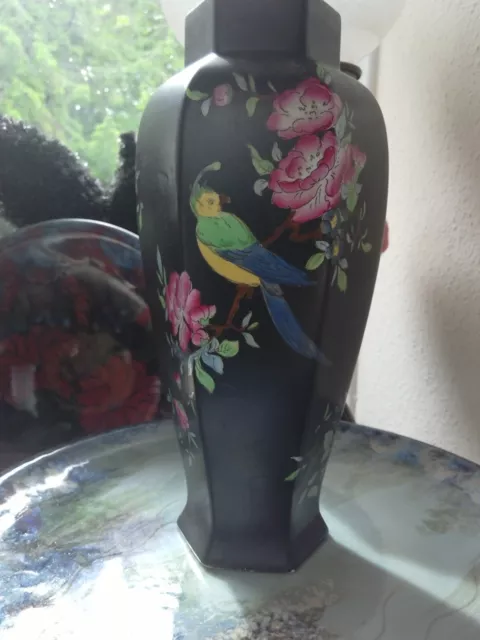 A Very Beautiful Shelley Vase ,Tall With Parrot On Branch Pattern In Black