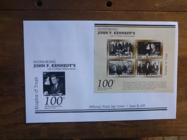 TONGA 2017 100th ANNIV BIRTH JFK 4 STAMP MINI SHEET FDC FIRST DAY COVER