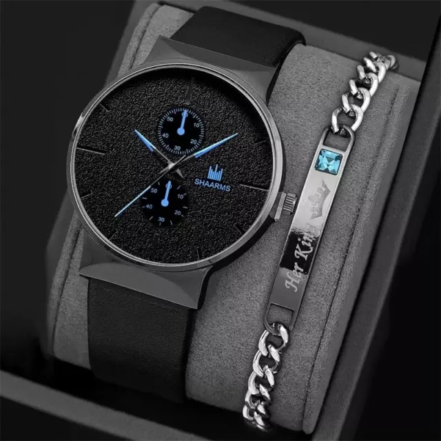 Conjunto 2 Unidades Reloj de Pulsera Luxe Hombre Negocios Negro Aguja Azul Con Y