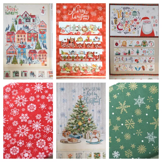 Christmas Advent Calendar Panel 100% Cotton Fabric - Trees, Holly, Snowflake.