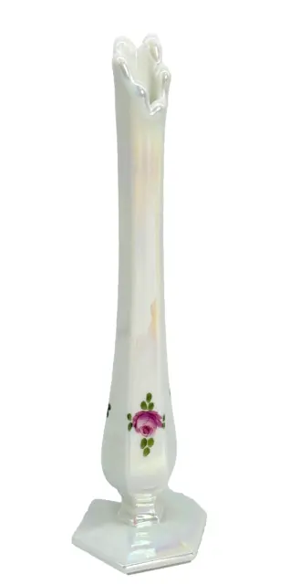Vintage Westmoreland Iridescent Swung Milk Glass Bud Vase Pink Rose
