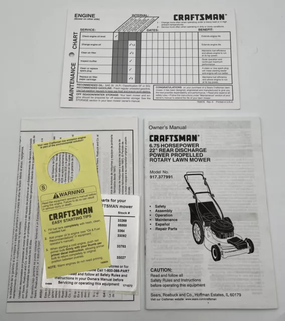 Craftsman Lawn Mower Owner’s Manual Sears 22” Rear Discharge Lawnmower Book