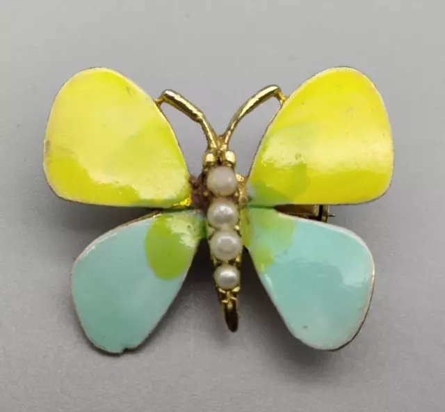 Cottagecore Butterfly Yellow Teal Faux Pearl Enamel Gold Tone Pin Brooch 1" VTG