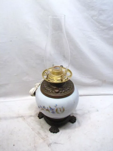 Early Milk Glass Oil Fluid Lamp Light Electrified Burner Cast Iron Base Chimney