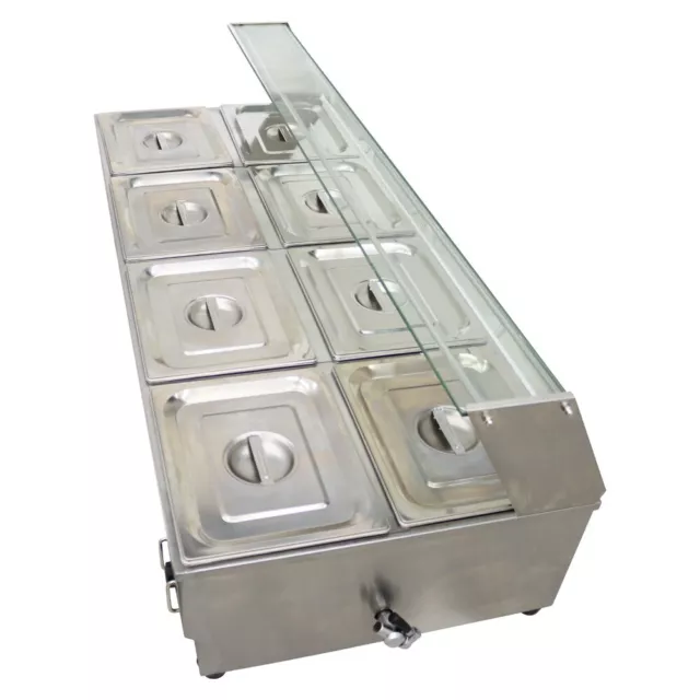 110V 8-Pan Commercial Food Warmer Buffet Steam 6in Deep w/ Glass Shield 110V 2KW