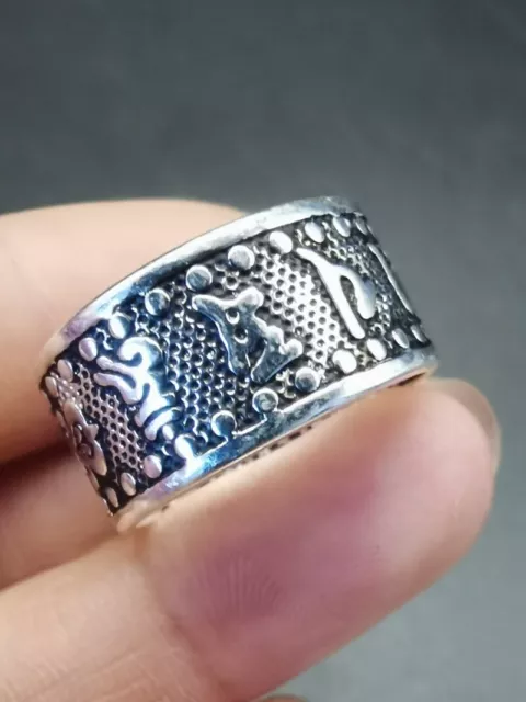 Exquisite Old Chinese tibet silver handcarved Six Sons Mantra Ring 59102