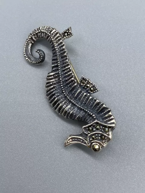 Vintage 925 Sterling Silver Marcasite Collection Elegant Seahorse Brooch 3