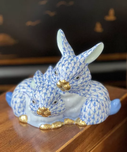 Stunning Rare Large Herend Blue Fishnet Snuggling Rabbit Bunny Hare Pair 4.6”