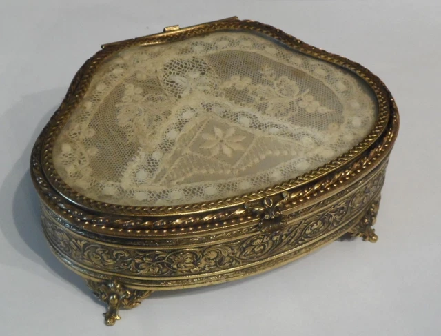 Coffret à Bijoux Ancien En Laiton Et Verre - Forme Losange Vintage - France
