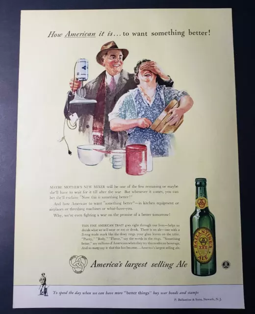 1943 Ballantine's Ale Husband Surprised Wife With New Mixer Print Ad