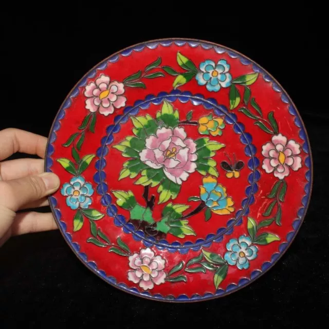 Collect Chinese old cloisonne wire hand painting peony flower pattern plate