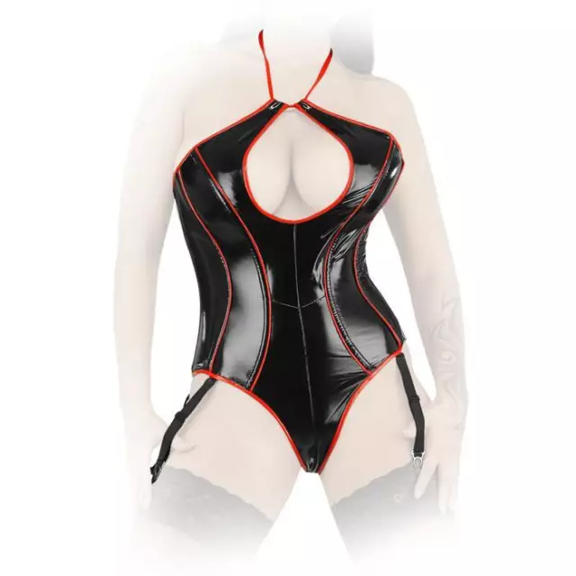 Ledapol - Sharp Halter Neck Patent Body Crotchless With Straps Black-Red