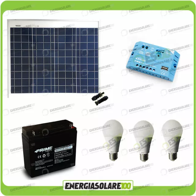 Kit Solare Fotovoltaico Campeggio Scout 50W 12V 12Ah Cellulare Luce LED 7W Stere