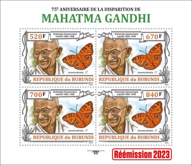 Mahatma Gandhi 65th Memorial Anniversary Butterfly MNH Stamps 2023 Burundi M/S