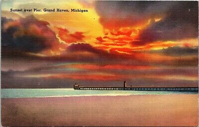 Sunset Over Pier Grand Haven Michigan MI c1939 Postcard