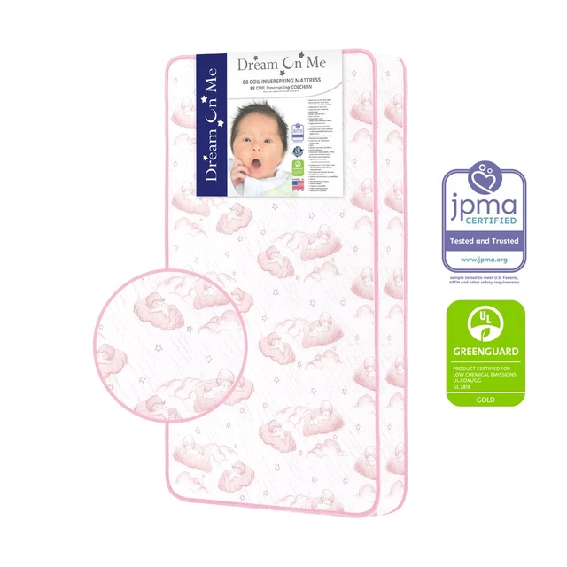 Crib & Toddler Mattress 5" 88 Coil  Pink Clouds I Greenguard Gold Certified