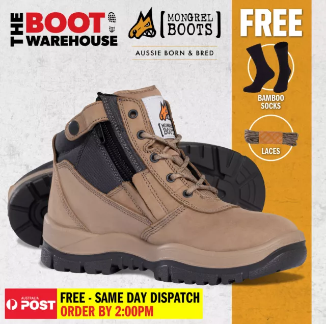 Mongrel 961060 Work Boots. Soft Toe, Non Safety. STONE Zip-Side PRESS STUD CLIP!