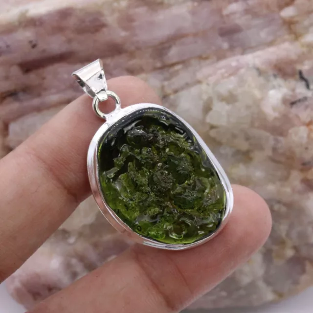 Moldavite Glass 925 Sterling Silver Loop Handmade Jewelry Pendant of 45 mm