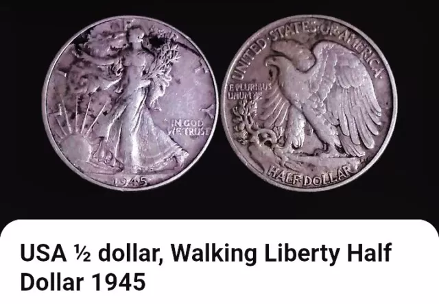 1945 USA Half Dollar Coin BONUS OFFERS. Walking Liberty 1/2, 50 Cents 0.9 Silver