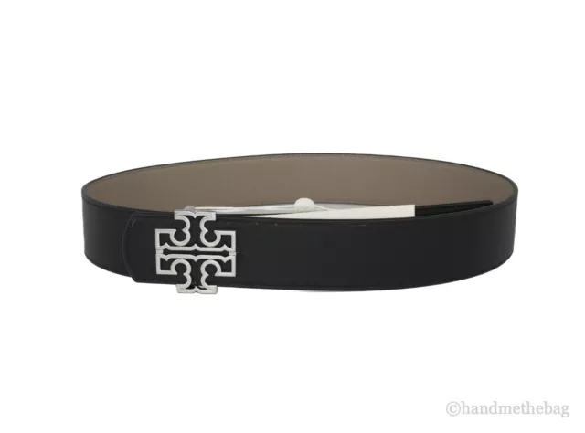 Tory Burch (86365) Britten Gray/Black Reversible Leather Logo Buckle 1.5" Belt 2