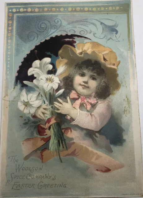 1800’s  VICTORIAN TRADE CARD WOOLSON SPICE LION COFFEE Easter Greetings