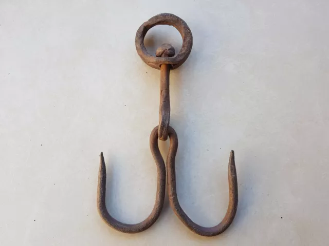 ANTIQUE 19th CENTURY Hand Forged Wrought Iron Hook Hanger Old Fireplace Vintage