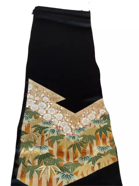 Vintage Japanese Kimono Silk Fabric, Black Tomesode Long Panel 180cm 220613-28