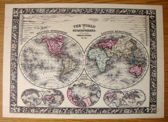 MAP REPRO  12" x 8.5" ON CARD  1864  THE WORLD IN HEMISPHERES  READY FOR FRAMING