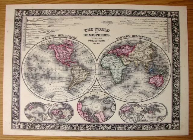 Map  Beautiful Collectable Reproduction On Card The World In Hemispheres Of1864