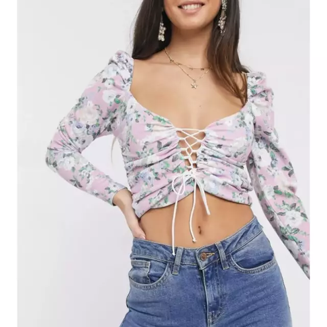 ASOS DESIGN Size 8 Long Sleeve Crop Top Lace Up Front in Pink Floral Print