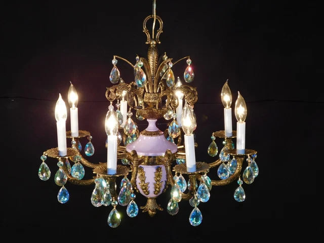 VINTAGE 8 Arm French Lavender Aurora Borealis AB Empire Brass Crystal Chandelier