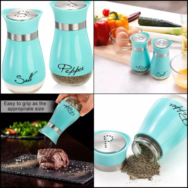 4 Ounces Set Teal Stainless Steel Salt and Pepper Shakers with Glass Bottom NEW