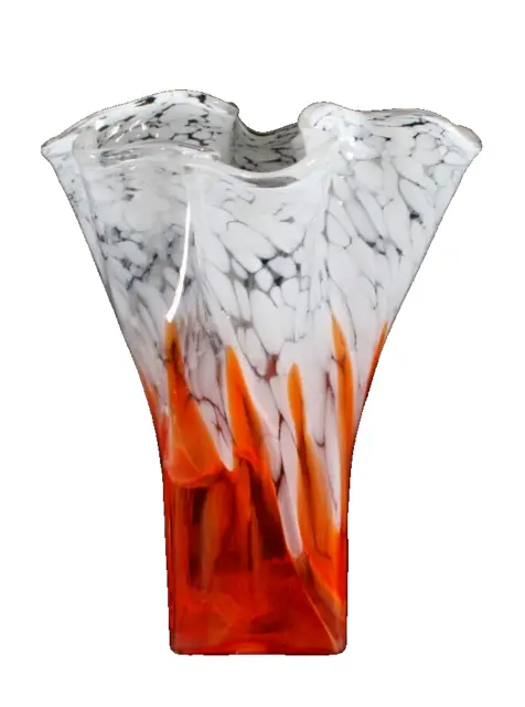 Vintage Handkerchief VASE Hand Blown Art Glass Fluted Abstract  - Orange & White
