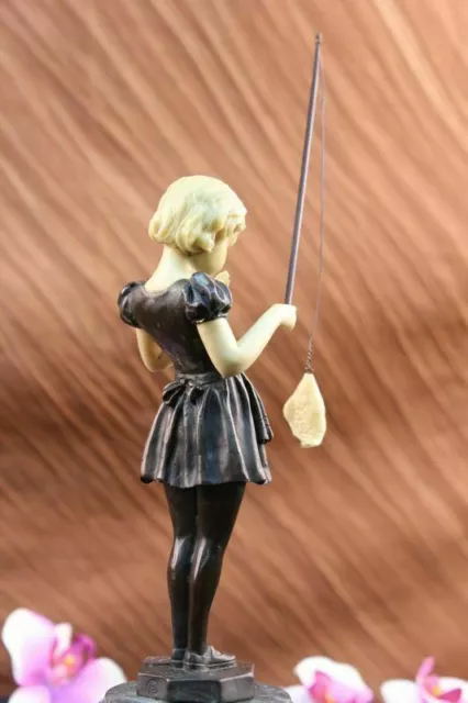 Preiss Solid Bronze Little Girl Fishing Figurine Sculpture Green MarbleBase DEAL