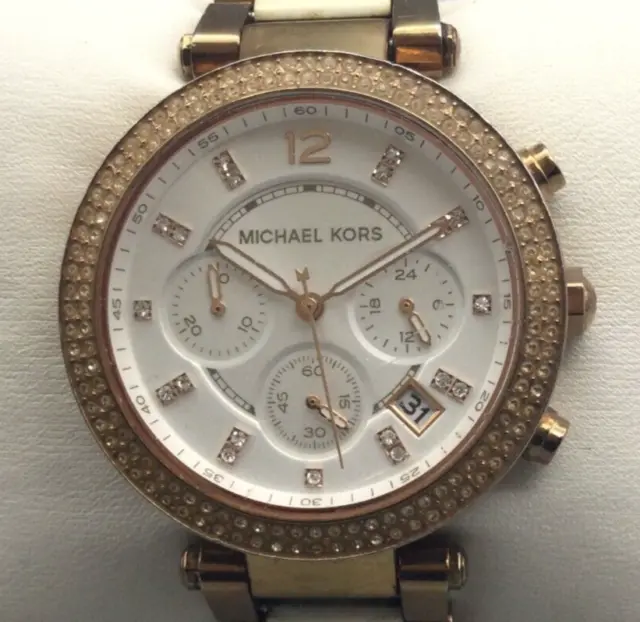 Michael Kors Parker Chronograph Watch Rose Gold Tone Date New Battery 6"