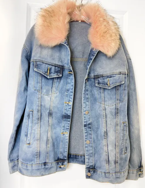 Forever 21 Women’s Thirty 6 Point 5  Pink faux Fur Denim Oversize Jean Jacket  M