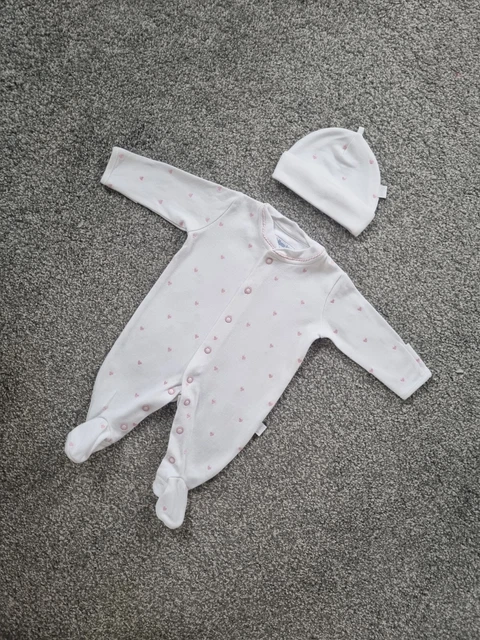 Baby Girls Jojo Maman Bebe Babygrow Newborn White Hearts Hat sleepsuit d