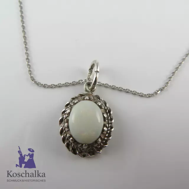 Schöne 925er Silber Kette mit einem Opal, Handarbeit um 1980 (E4467)