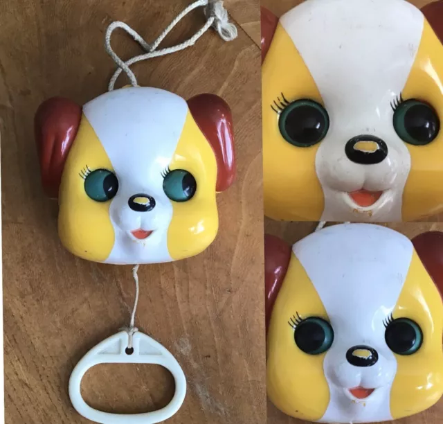 1970 S SANKYO PUPPY DOGS Face Musical Pull String Toy Moving Eyes