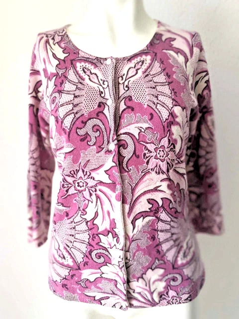 TALBOTS 100% Kaschmir Strickjacke Blumen Paisley Muster ROSA WEIß MAGENTA Gr. S