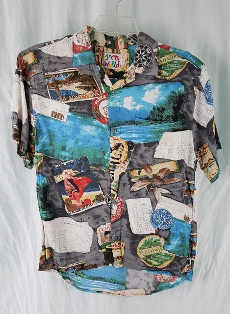 Vtg Jams World Mens Short Sleeve Button Shirt Small Travel Design Postcard Palm
