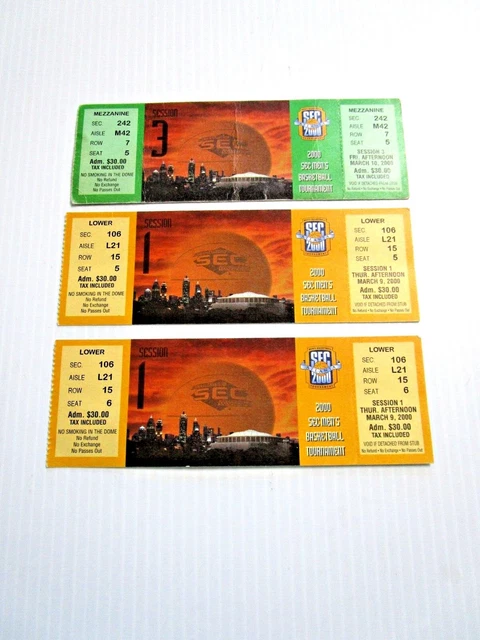 Lot 3  2000 SEC Basketball Tournament (2) Session 1 & (1) Session 3 Full Tickets