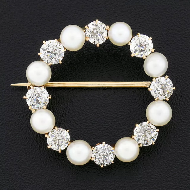 Antique 14k Rosy Yellow Gold 1.50ct Round Diamond Pearl Circle Wreath Pin Brooch