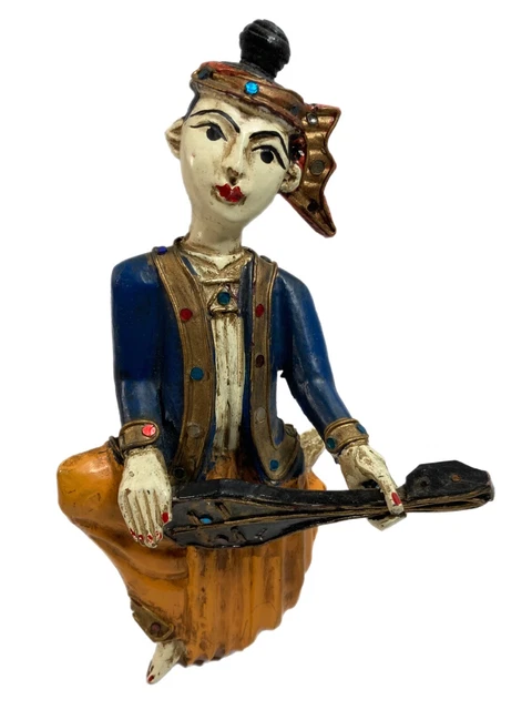 Hand-painted ceramic Asian  wall hanging musician ethnic dress instrument vntg?