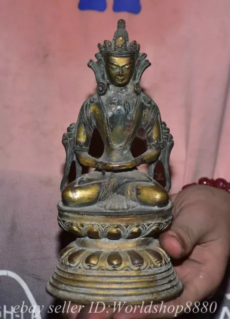 7" Old Chinese Pure Bronze Amitayus longevity God Goddess Statue Sculpture