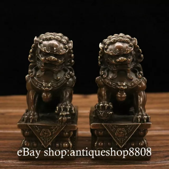 6" 2pc Old China Royal Pure Bronze Fengshui Foo Fu Dog Guardion Door Lion Pair