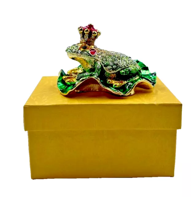 Bejeweled Frog Prince on Lotus Hinged Metal Enameled Rhinestone Trinket Box