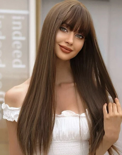 Perruque Synthétique Longue Brune Avec Frange - Cheveux Ondulés - Bonnet Moyen + 4 Tailles - Pour Femme