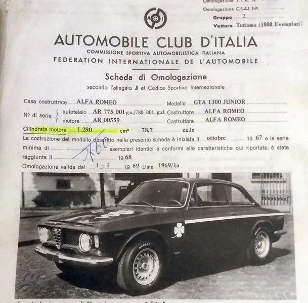 Alfa Romeo Gta 1300 Junior Copy Fiche D’homologation (088)